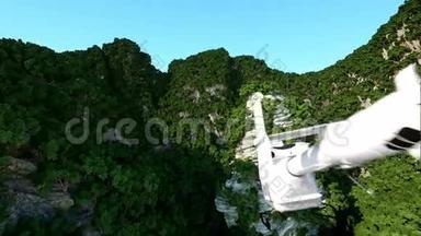 白色直升机在山脉之间飞行，悬崖上有树。 救援者。 空中三维动画。